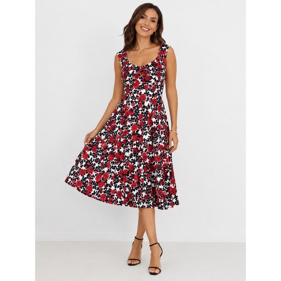 London Times Dresses & Skirts - London Times Petites Red Rose Floral Fit and Flare Dress Sleeveless Size 10P